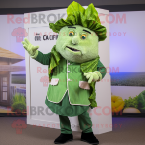 Green Caesar Salad mascot costume character dressed with a Waistcoat and Lapel pins