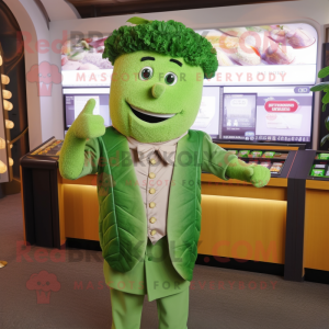 Green Caesar Salad mascot costume character dressed with a Waistcoat and Lapel pins