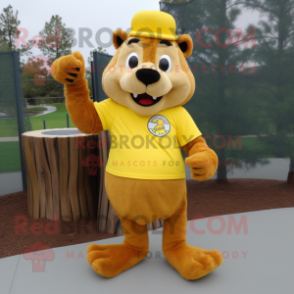 Yellow Beaver mascot costume character dressed with a Henley Tee and Rings