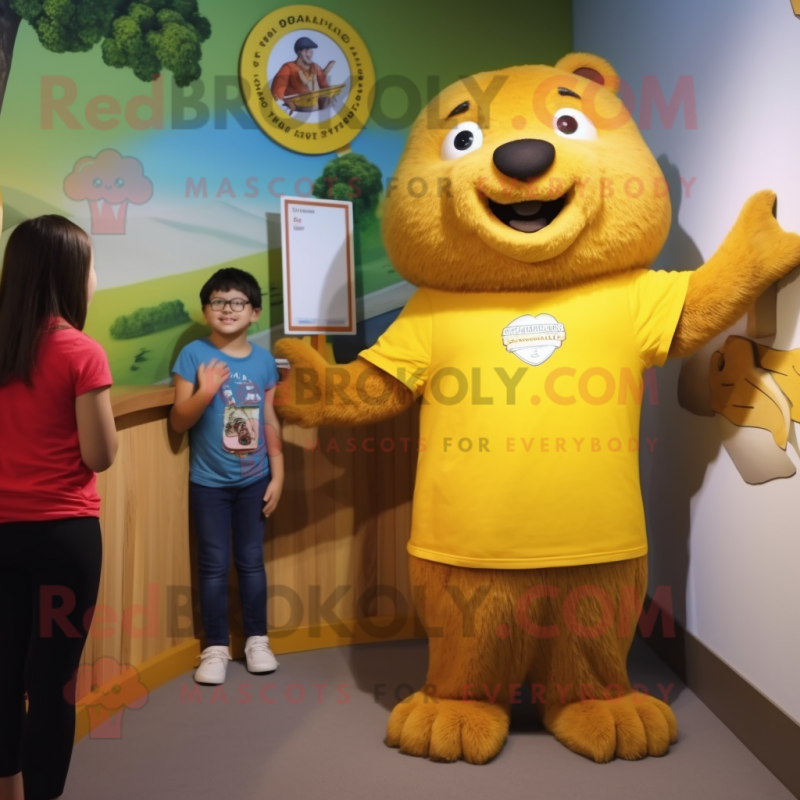 Yellow Beaver mascot costume character dressed with a Henley Tee and Rings