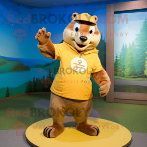 Yellow Beaver mascot costume character dressed with a Henley Tee and Rings