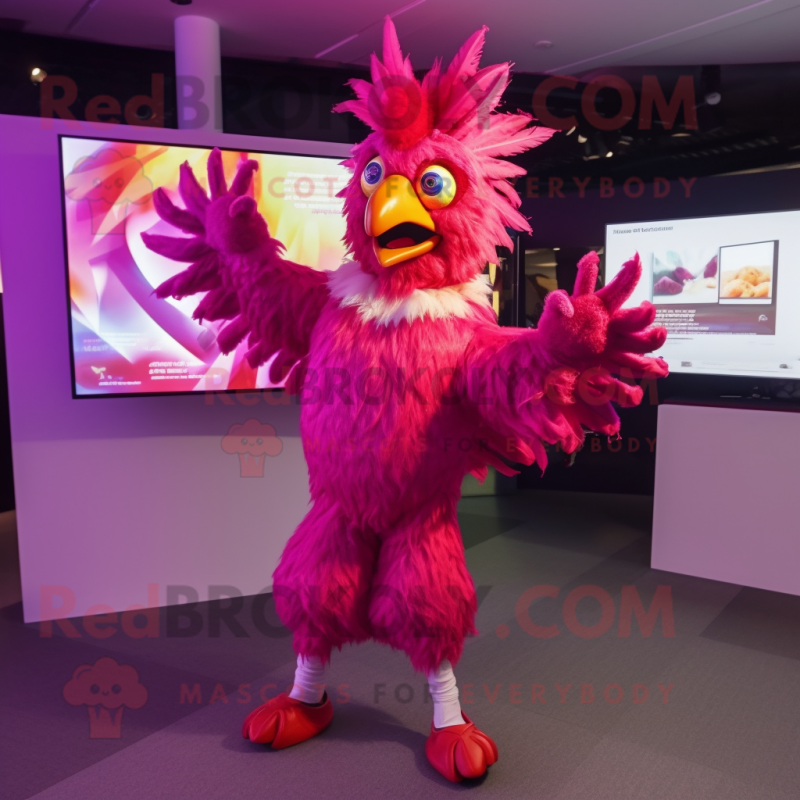 Magenta Roosters mascot costume character dressed with a Bodysuit and Rings Magenta Roosters mascot costume character dressed with a Bodysuit and Rings