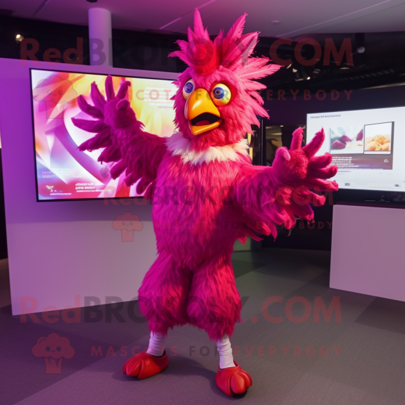 Magenta Roosters mascot costume character dressed with a Bodysuit and Rings