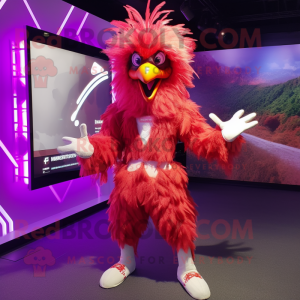 Magenta Roosters mascot costume character dressed with a Bodysuit and Rings