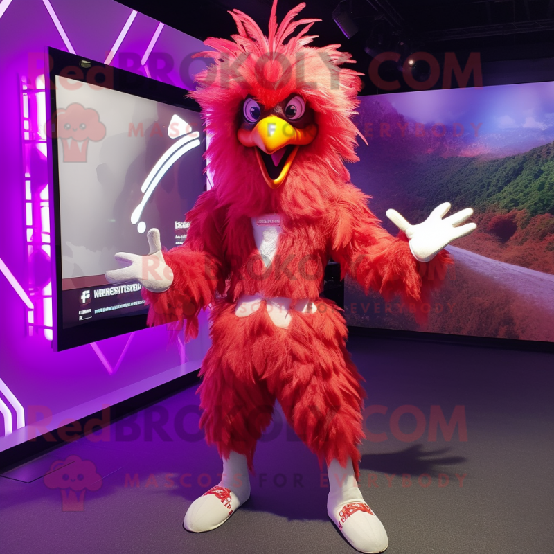 Magenta Roosters mascot costume character dressed with a Bodysuit and Rings Magenta Roosters mascot costume character dressed with a Bodysuit and Rings