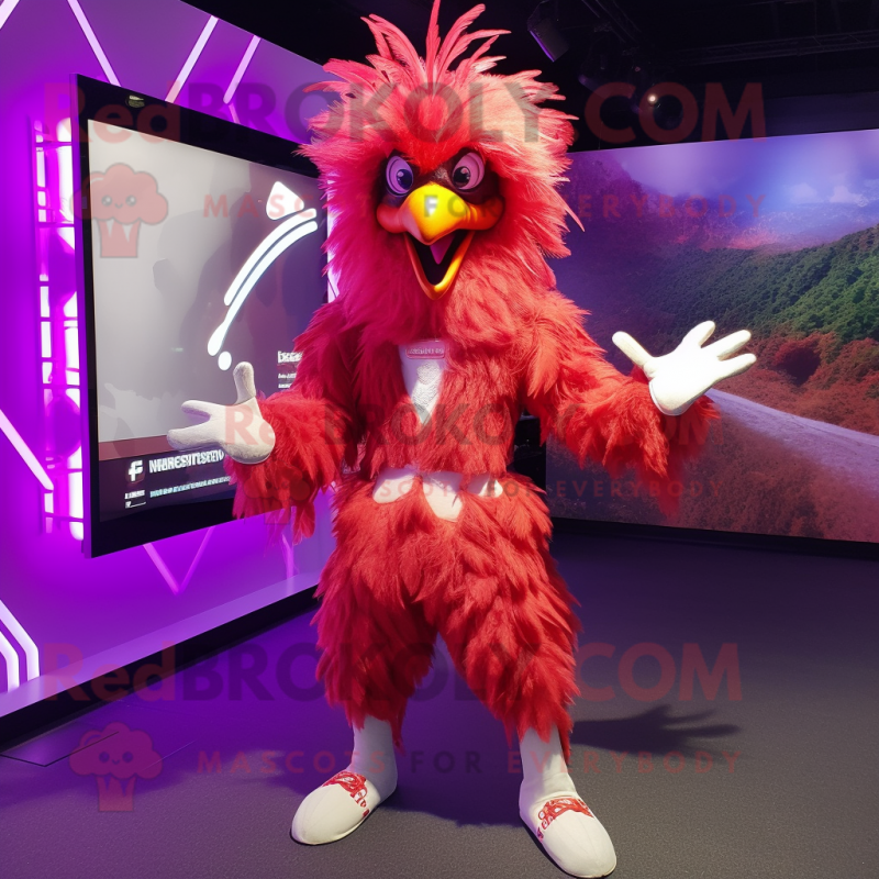 Magenta Roosters mascot costume character dressed with a Bodysuit and Rings