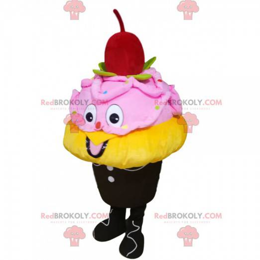 Mascota de helado amarillo y rosa con una cereza -