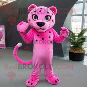 Pink Jaguar mascot costume character dressed with a Jeggings and Gloves