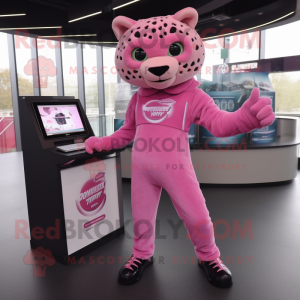 Pink Jaguar mascot costume character dressed with a Jeggings and Gloves