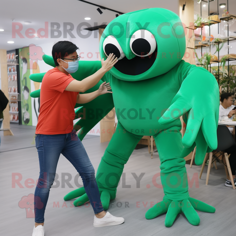 Forest Green Crab mascot costume character dressed with a Boyfriend Jeans and Gloves