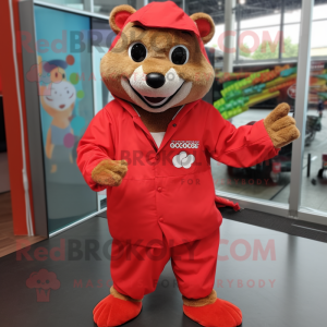Red Mongoose mascot costume character dressed with a Windbreaker and Shoe laces