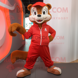 Red Mongoose mascot costume character dressed with a Windbreaker and Shoe laces