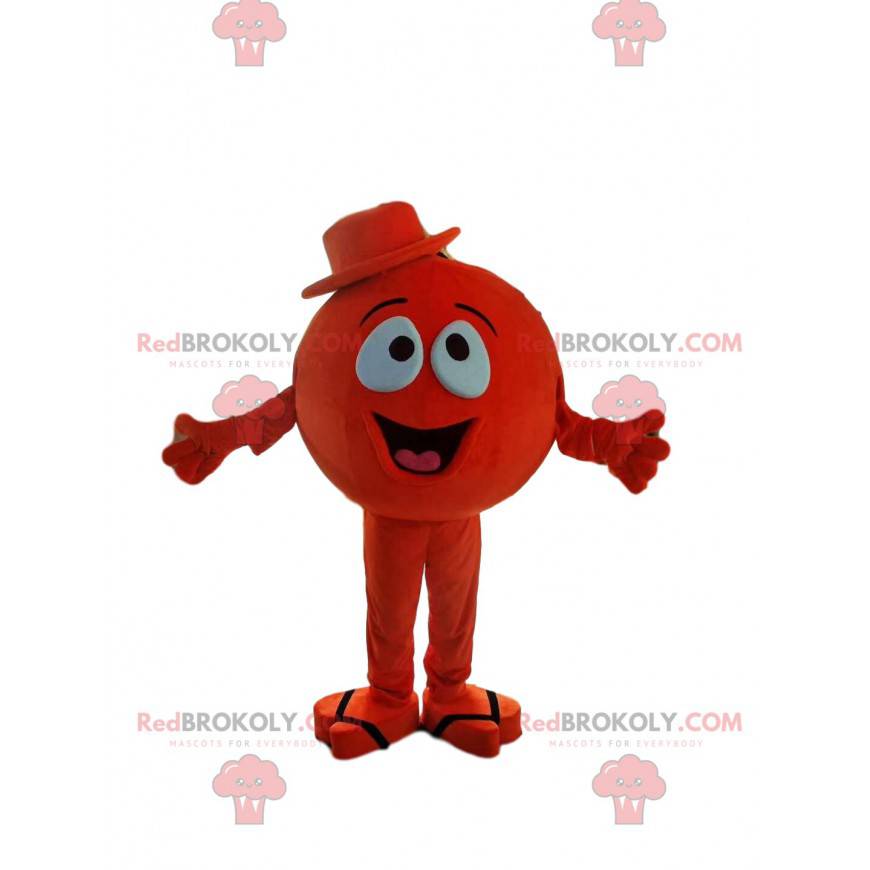 Mascote homenzinho redondo vermelho com um chapéu -