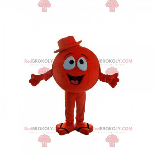 Mascotte de petit bonhomme rouge tout rond avec un chapeau -