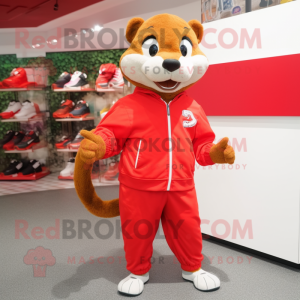 Red Mongoose mascot costume character dressed with a Windbreaker and Shoe laces