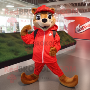 Red Mongoose mascot costume character dressed with a Windbreaker and Shoe laces