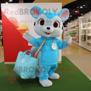 Cyan Flying Squirrel mascot costume character dressed with a Polo Tee and Tote bags