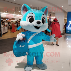 Cyan Flying Squirrel mascot costume character dressed with a Polo Tee and Tote bags