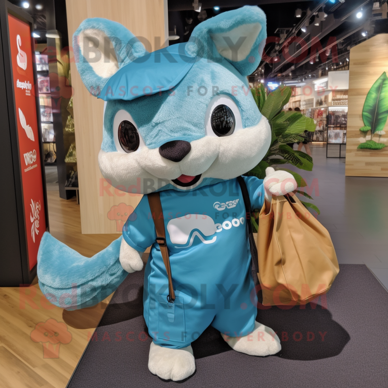 Cyan Flying Squirrel mascot costume character dressed with a Polo Tee and Tote bags