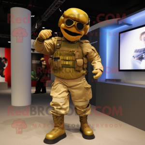 Gold Para Commando mascot costume character dressed with a Culottes and Ties