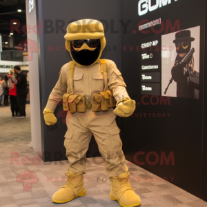 Gold Para Commando mascot costume character dressed with a Culottes and Ties