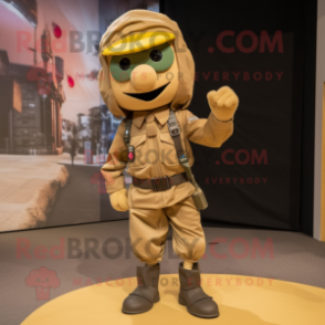 Gold Para Commando mascot costume character dressed with a Culottes and Ties