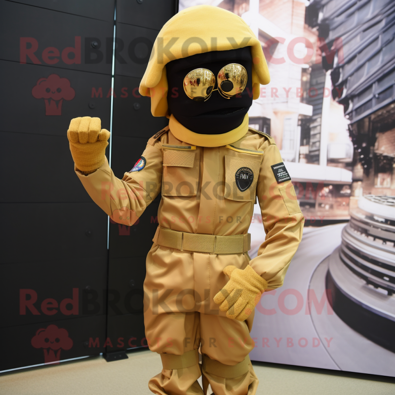Gold Para Commando mascot costume character dressed with a Culottes and Ties Gold Para Commando mascot costume character dressed with a Culottes and Ties
