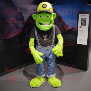 Lime Green Frankenstein mascot costume character dressed with a Denim Shorts and Caps