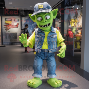 Lime Green Frankenstein mascot costume character dressed with a Denim Shorts and Caps