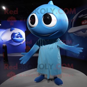 Blue Whale mascot costume character dressed with a Graphic Tee and Rings
