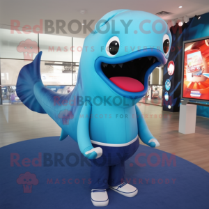 Blue Whale mascot costume character dressed with a Graphic Tee and Rings