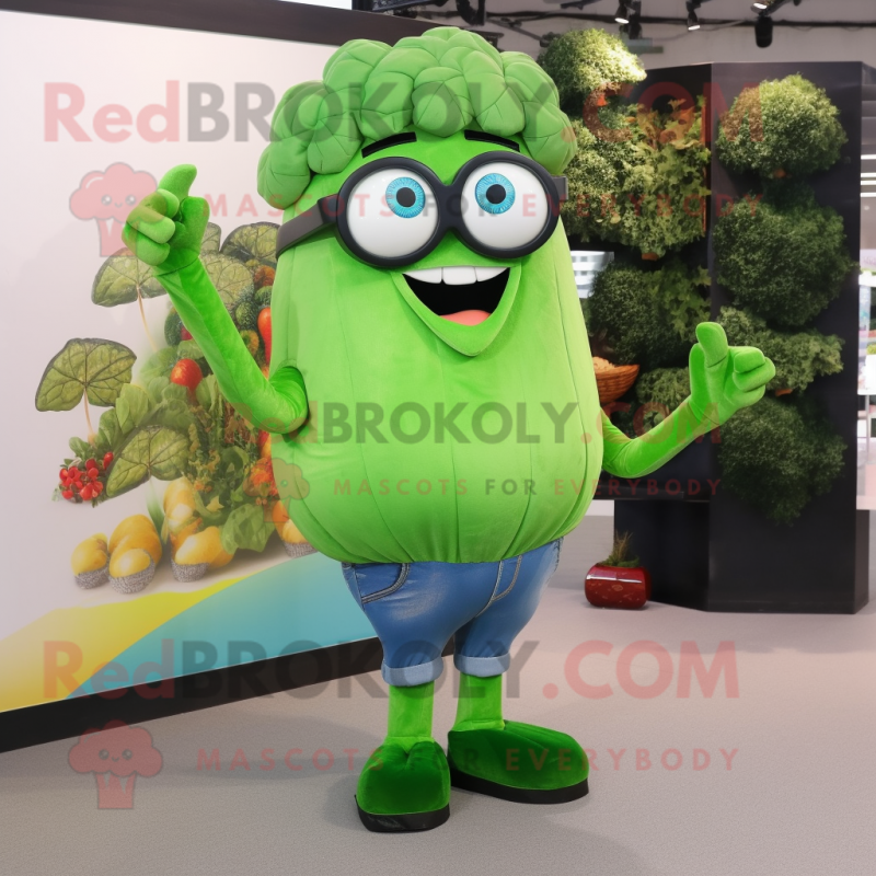 Lime Green Broccoli mascot costume character dressed with a Jeans and Eyeglasses Lime Green Broccoli mascot costume character dressed with a Jeans and Eyeglasses