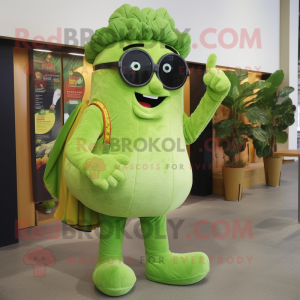 Lime Green Broccoli mascot costume character dressed with a Jeans and Eyeglasses