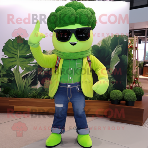 Lime Green Broccoli mascot costume character dressed with a Jeans and Eyeglasses