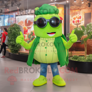 Lime Green Broccoli mascot costume character dressed with a Jeans and Eyeglasses