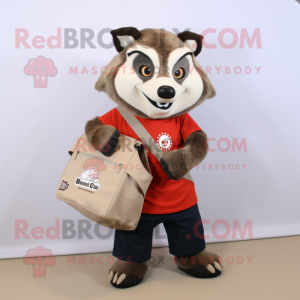 Tan Badger mascot costume character dressed with a Graphic Tee and Messenger bags