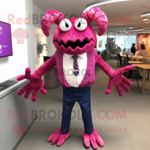 Magenta Crab Cakes mascot costume character dressed with a Oxford Shirt and Lapel pins