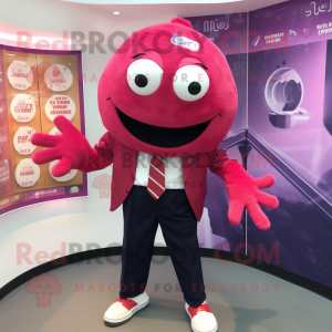 Magenta Crab Cakes mascot costume character dressed with a Oxford Shirt and Lapel pins