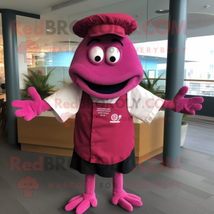 Magenta Crab Cakes mascot costume character dressed with a Oxford Shirt and Lapel pins