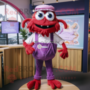 Magenta Crab Cakes mascot costume character dressed with a Oxford Shirt and Lapel pins