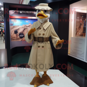 Tan Muscovy Duck mascot costume character dressed with a Coat and Foot pads