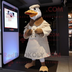 Tan Muscovy Duck mascot costume character dressed with a Coat and Foot pads