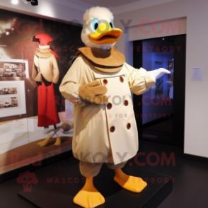 Tan Muscovy Duck mascot costume character dressed with a Coat and Foot pads