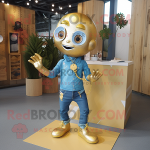 Gold Acrobat mascot costume character dressed with a Chambray Shirt and Keychains