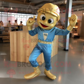 Gold Acrobat mascot costume character dressed with a Chambray Shirt and Keychains