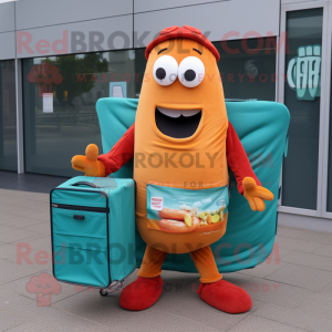 Teal Currywurst mascot costume character dressed with a Cover-up and Briefcases