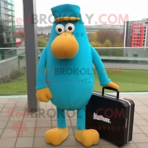 Teal Currywurst mascot costume character dressed with a Cover-up and Briefcases