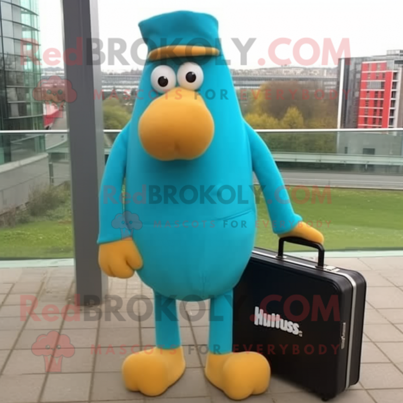 Teal Currywurst mascot costume character dressed with a Cover-up and Briefcases Teal Currywurst mascot costume character dressed with a Cover-up and Briefcases