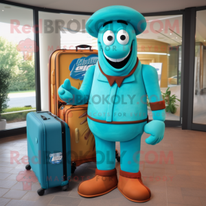 Teal Currywurst mascot costume character dressed with a Cover-up and Briefcases