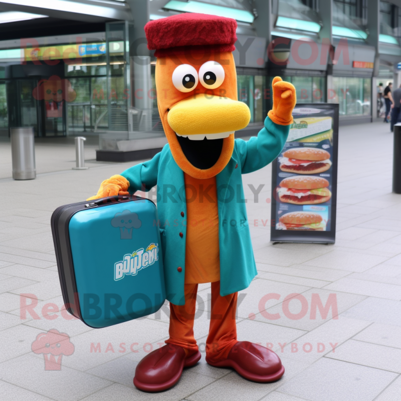 Teal Currywurst mascot costume character dressed with a Cover-up and Briefcases